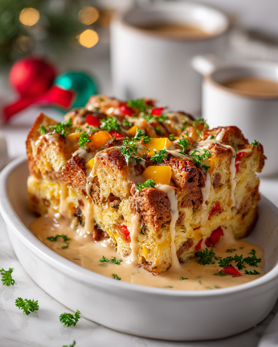 Sváteční vánoční snídaňový kastrol s vejci, sýrem a klobásou pro rodinnou snídani.