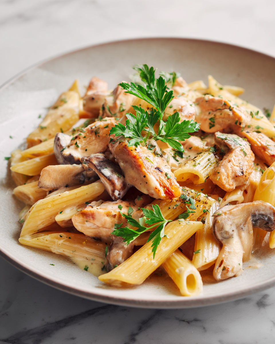 Krémové kuřecí a houbové těstoviny se smetanovou omáčkou, dokonalé pro chladné večery.