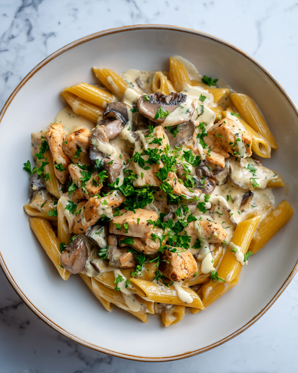 Krémové kuřecí a houbové těstoviny se smetanovou omáčkou, dokonalé pro chladné večery.