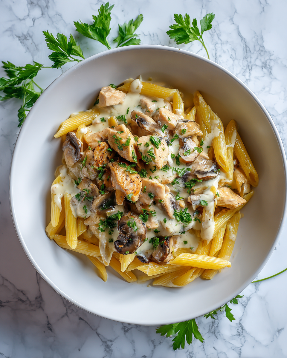 Krémové kuřecí a houbové těstoviny se smetanovou omáčkou, dokonalé pro chladné večery.