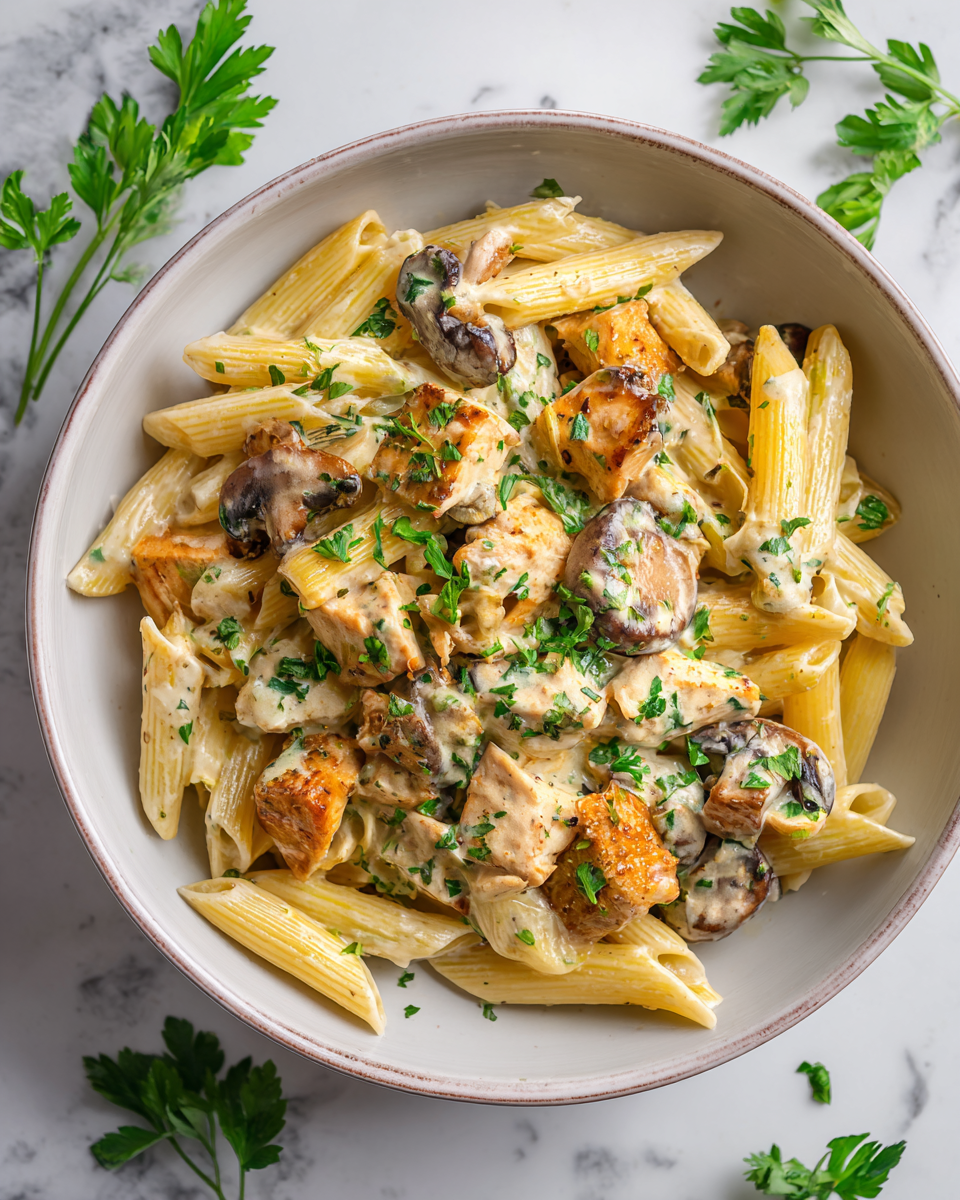 Krémové kuřecí a houbové těstoviny se smetanovou omáčkou, dokonalé pro chladné večery.