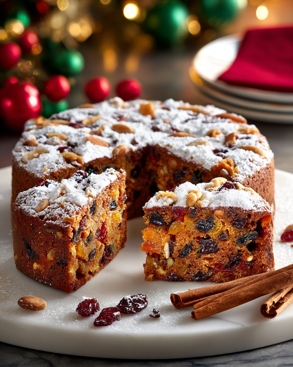 Delikátní vánoční dort s ořechy a sušeným ovocem, ideální pro sváteční příležitosti.