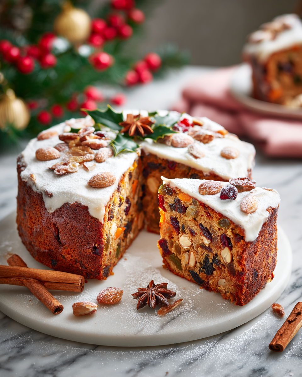 Delikátní vánoční dort s ořechy a sušeným ovocem, ideální pro sváteční příležitosti.