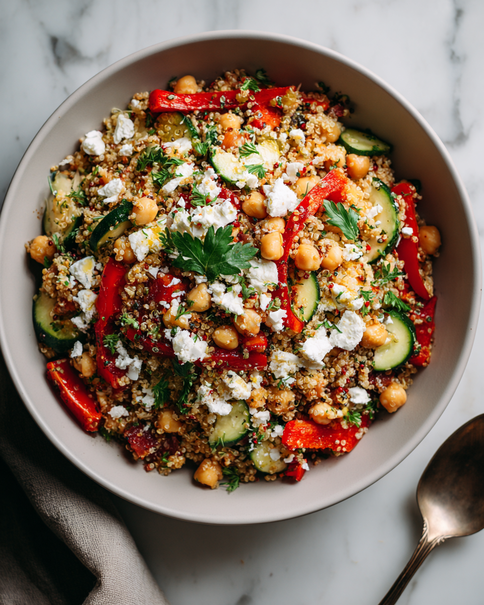 Lahodný quinoa salát s čerstvou zeleninou a feta sýrem na podzimním stole.