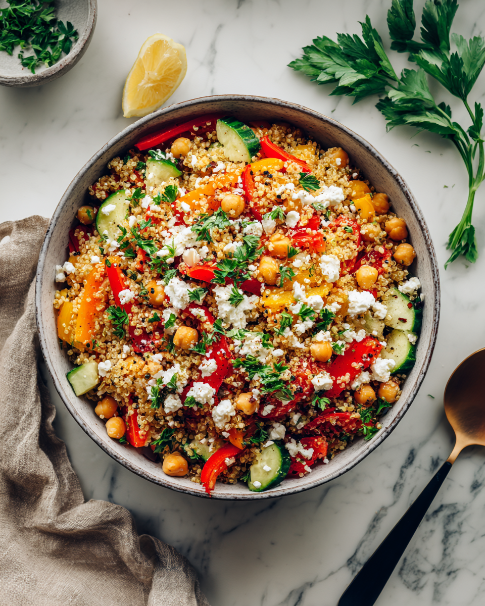 Lahodný quinoa salát s čerstvou zeleninou a feta sýrem na podzimním stole.