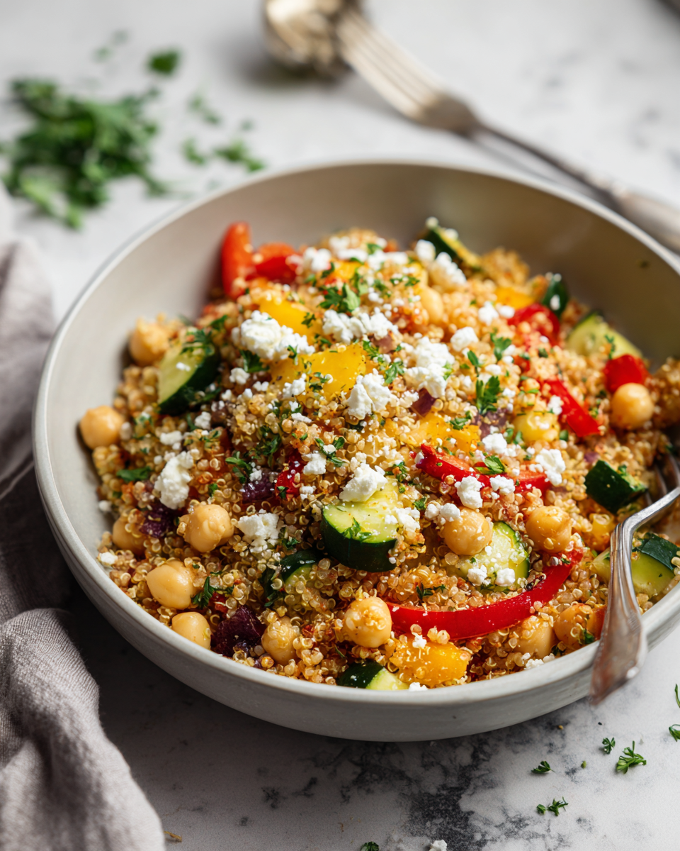 Lahodný quinoa salát s čerstvou zeleninou a feta sýrem na podzimním stole.