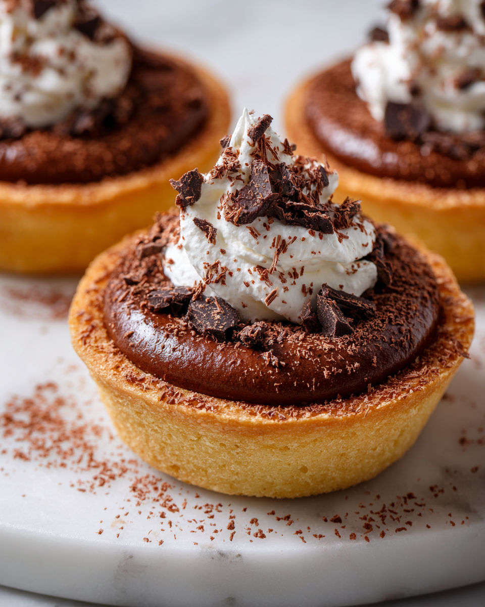 Mini Čokoládové Krémové Koláčky s šlehačkou a čokoládovými hoblinkami, skvělý dezert pro Mikuláše a Vánoce, snadný recept pro rodinné oslavy.