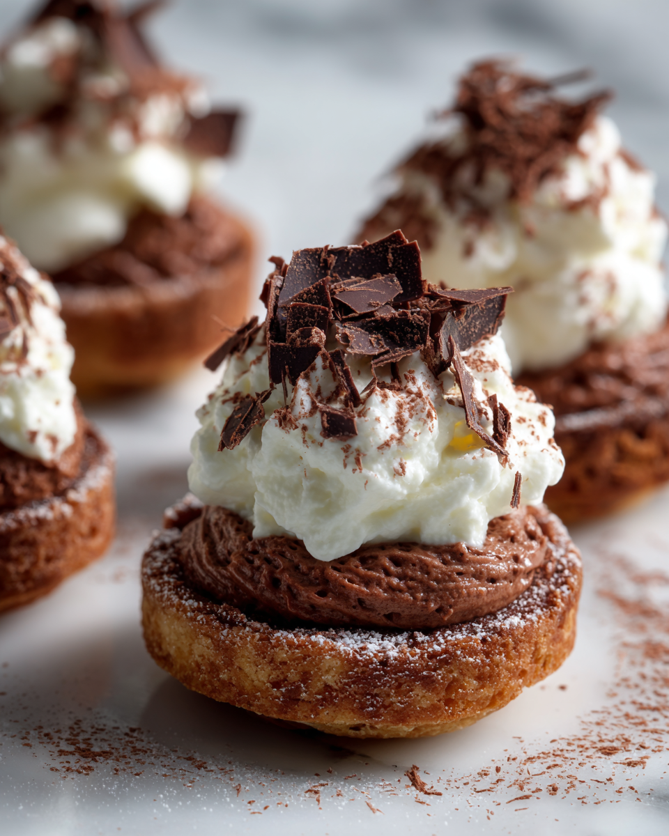 Mini Čokoládové Krémové Koláčky s šlehačkou a čokoládovými hoblinkami, skvělý dezert pro Mikuláše a Vánoce, snadný recept pro rodinné oslavy.