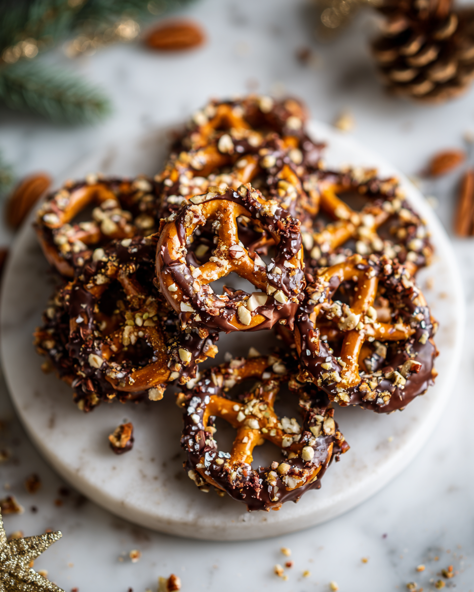 Čokoládové preclíky polité rozpuštěnou čokoládou a posypané ořechy, ideální na podzimní večírky.