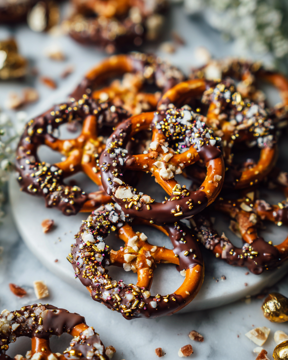 Čokoládové preclíky polité rozpuštěnou čokoládou a posypané ořechy, ideální na podzimní večírky.