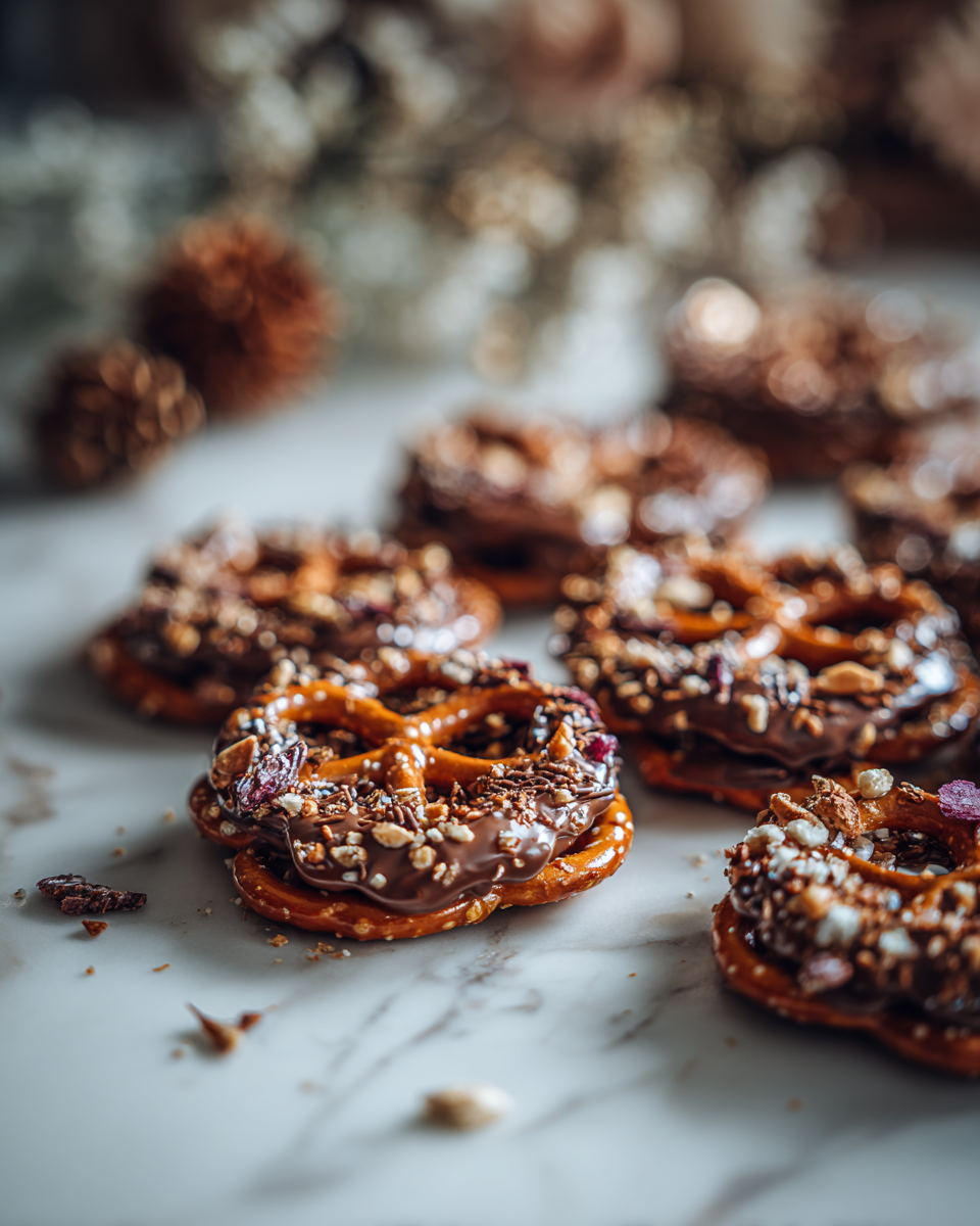 Čokoládové preclíky polité rozpuštěnou čokoládou a posypané ořechy, ideální na podzimní večírky.