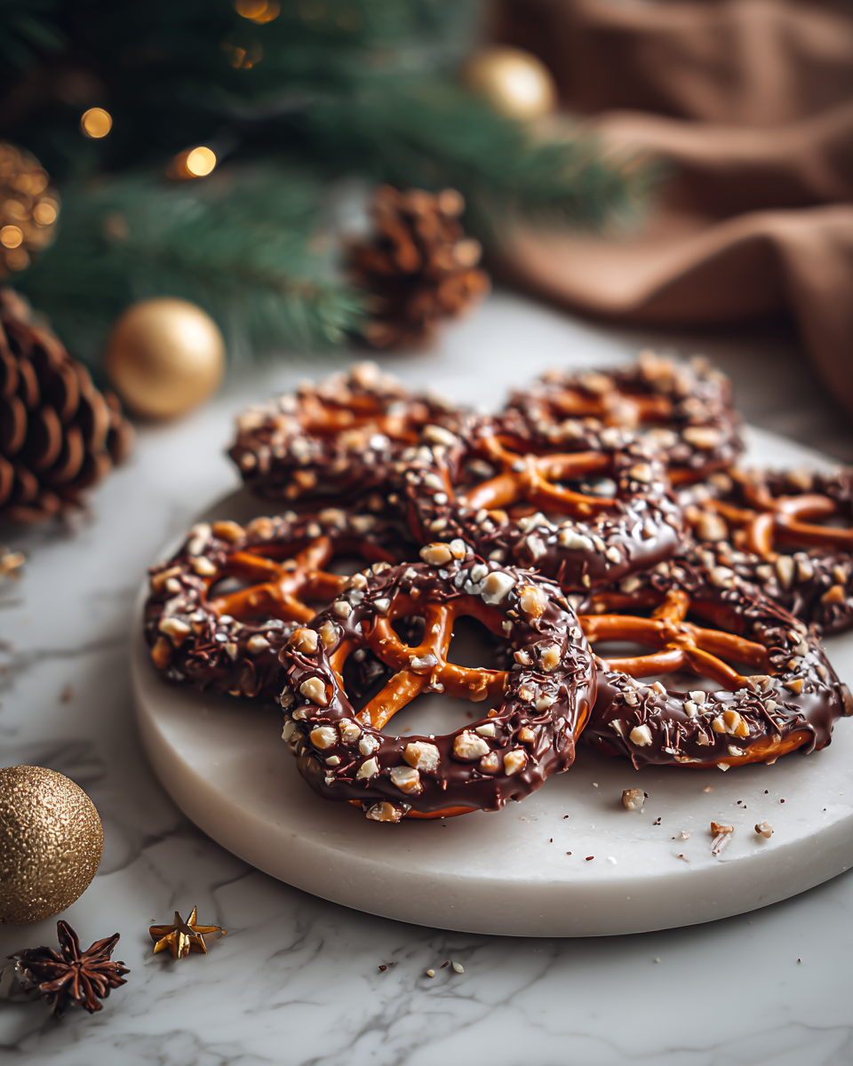Čokoládové preclíky polité rozpuštěnou čokoládou a posypané ořechy, ideální na podzimní večírky.