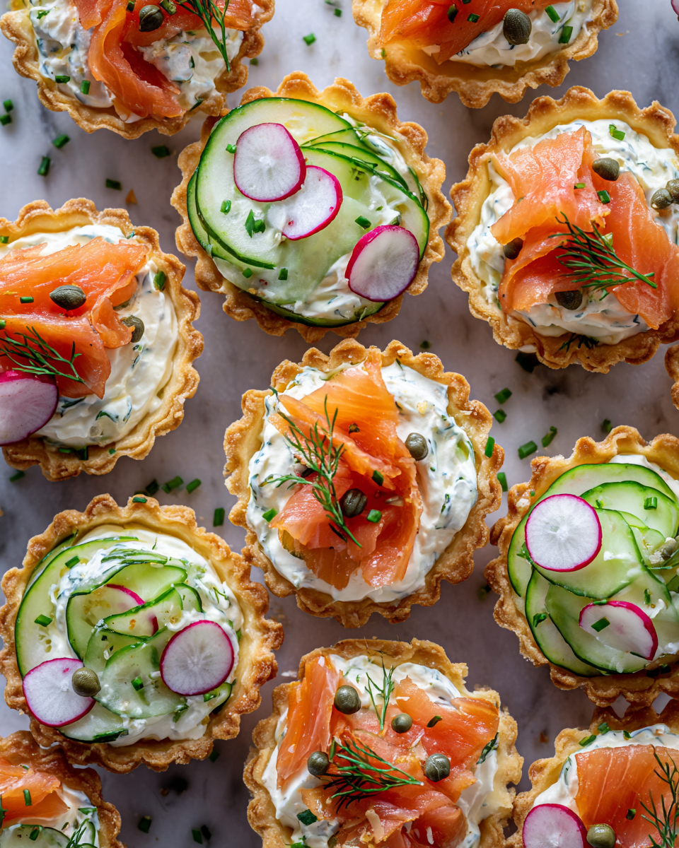 Dechberoucí vánoční jednohubky s uzeným lososem z křehkých minitartů, dokonalý předkrm pro sváteční oslavy.