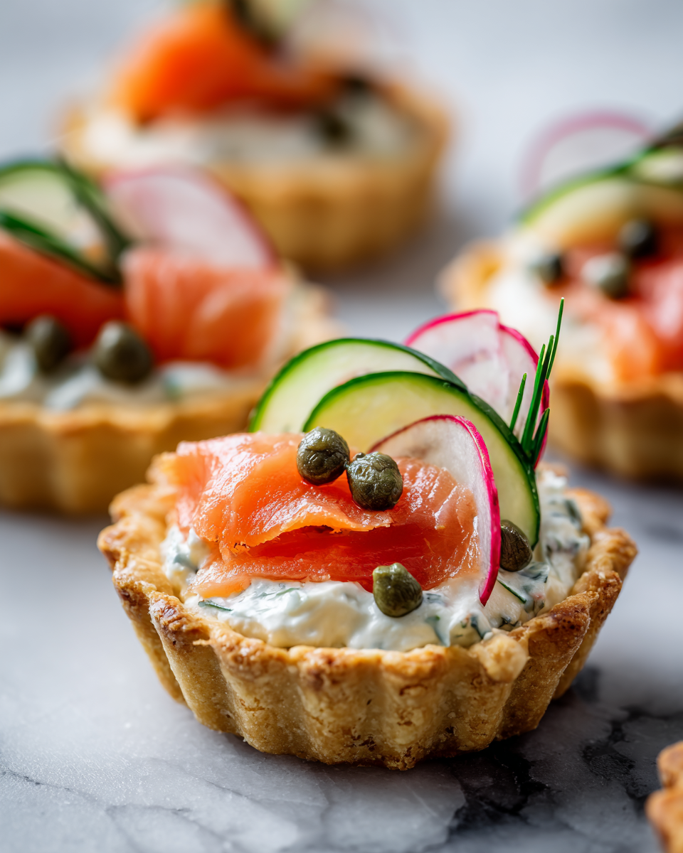 Dechberoucí vánoční jednohubky s uzeným lososem z křehkých minitartů, dokonalý předkrm pro sváteční oslavy.
